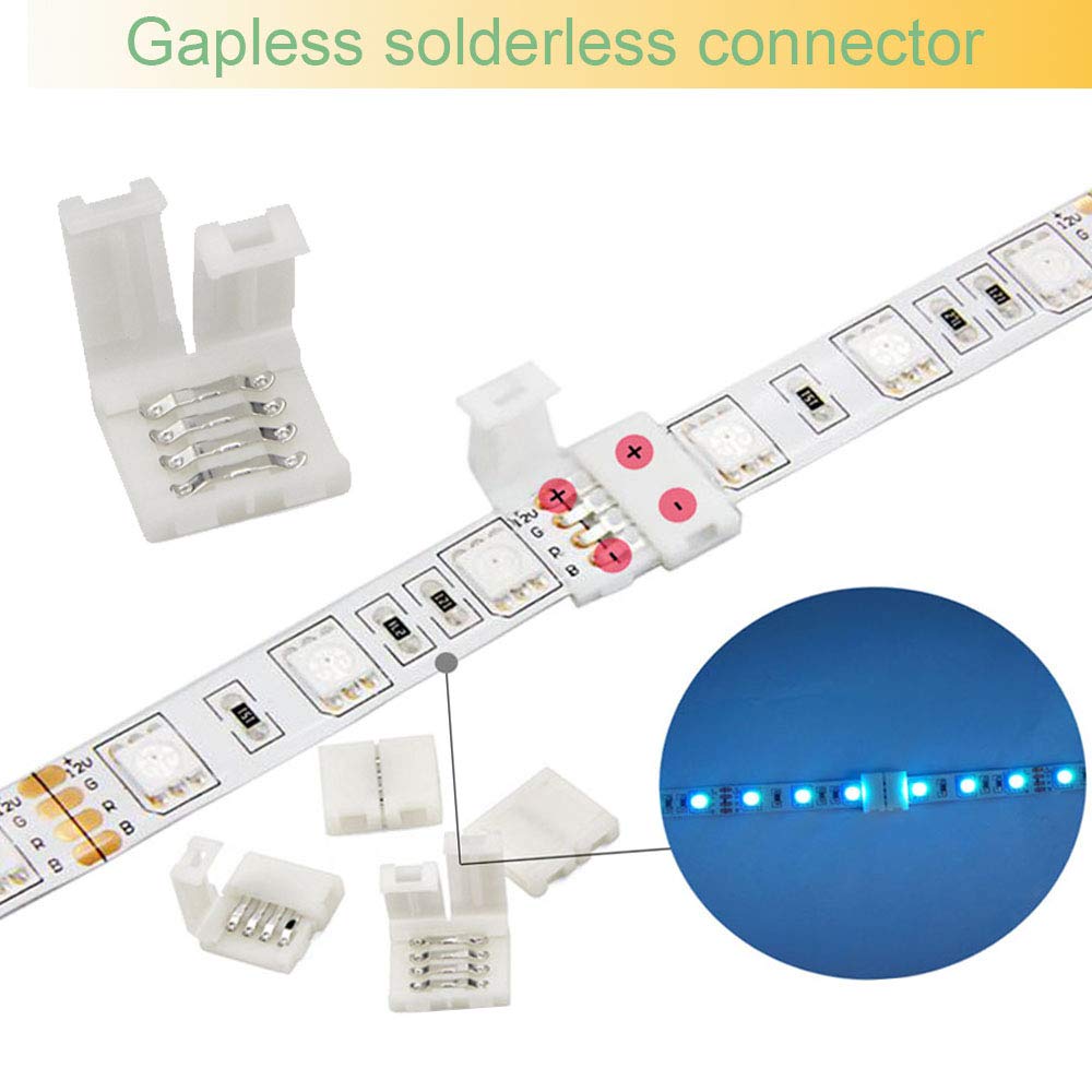 FSJEE 10mm 4pin 5050 RGB LED Strip Solderless Connector Kit- Includes 6.6FT Extension Cable,2 Way Splitter,L and T Shape connectors