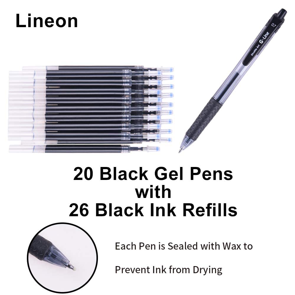 Black Gel Pens, 46 Pack (20 Gel Pens with 26 Refills) Lineon Retractable Medium Point Gel Pens Smooth Writing with Comfortable Grip for Office School