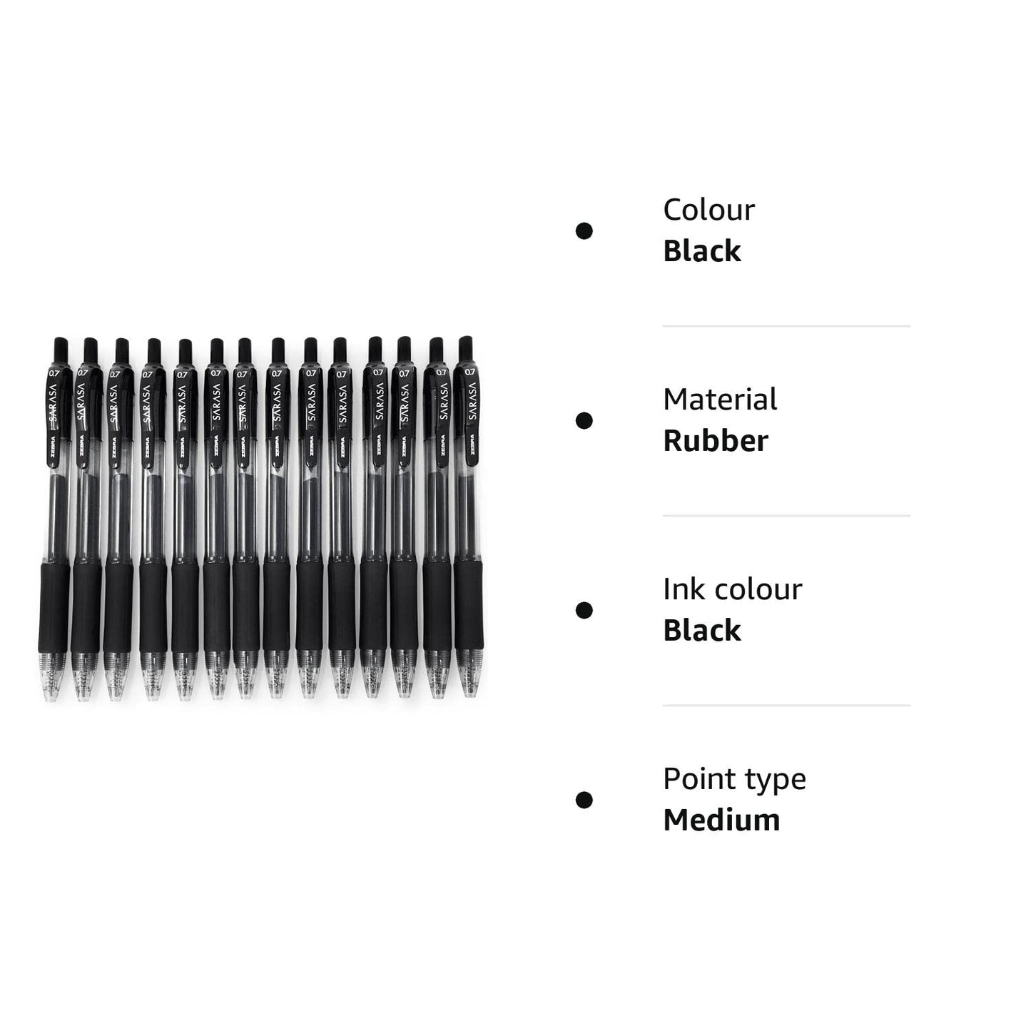 Zebra - Sarasa Retractable Gel Ink Rollerball - Fast Drying - 0.7mm - Black - Pack of 14