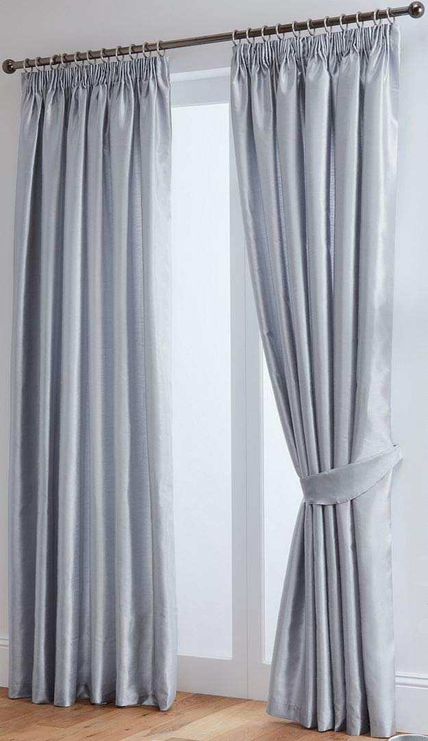 John Aird Luxury Faux Silk Fully Lined Pencil Pleat Curtains With Matching Tie Backs (Silver, 229cm Width x 229cm Drop (90"x 90") 90" Wide x 90" Drop Silver