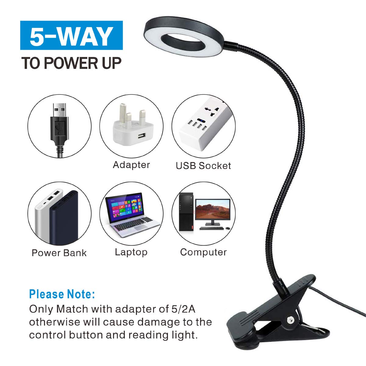 KNAMKY USB LED Desk Lamp Clip On Light, 3 Light Mode 10 Dimmable Brightness Eye Caring Book Adjustable for Reading Studying Working Video Conference Lighting (Black) Black