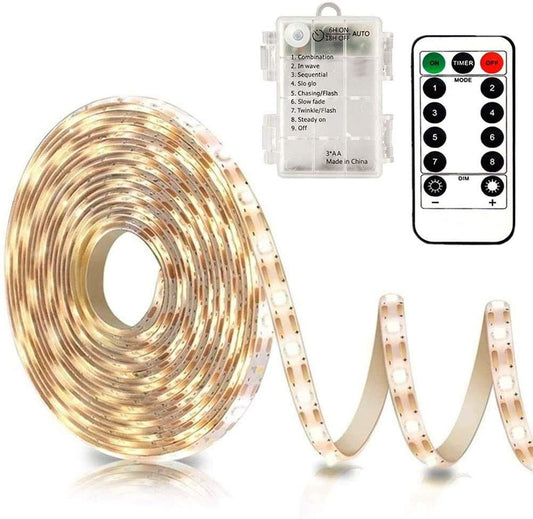 CCILAND 3m Battery LED Strip Lights with Remote Control, 90 LED Lights Strip Waterproof, 8 Modes, Dimmable, Timer, Self-Adhesive, Cuttable for Bedroom Mirror Kitchen Cabinet Patio Decor (Warm White) Warm White