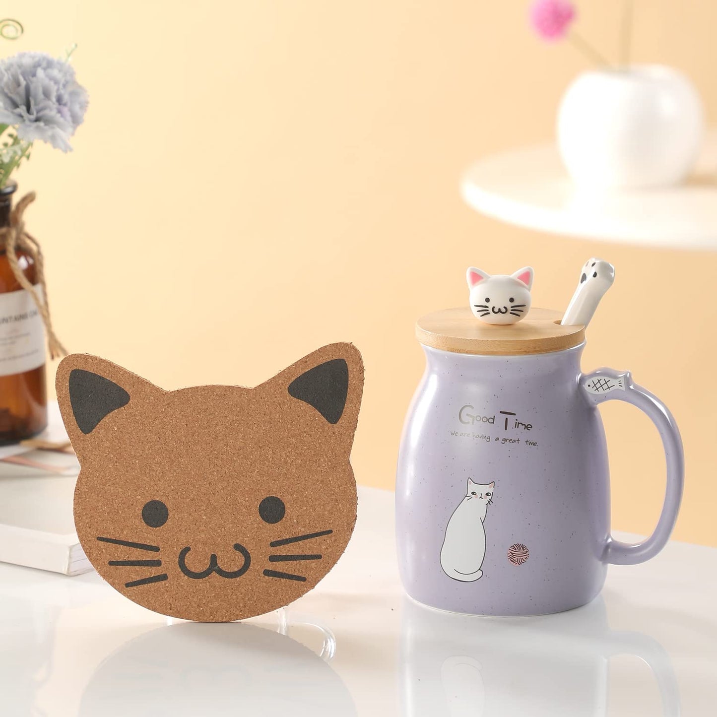 Cat Mug Cute Ceramic Coffee Cup with Lovely Kitty lid Stainless Steel Spoon,Novelty Morning Cup Tea Milk Christmas Mug Gift 380ML (Purple) Purple