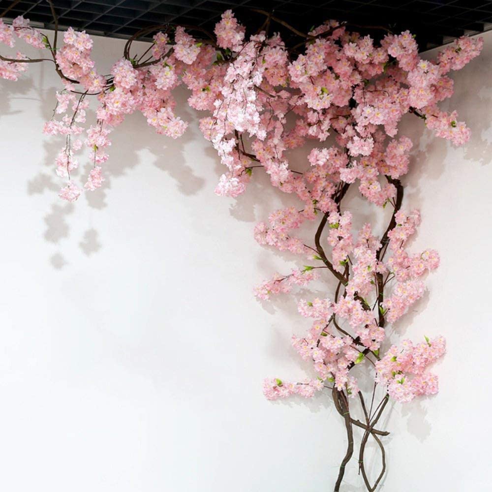 Homcomodar 2 Pack Artificial Silk Cherry Blossom Hanging Vine Garland for Wedding Home Garden Party Decor (Pink) Pink