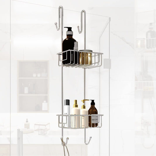 Bamodi Shower Caddy Hanging - 2-Tier Over Door Shower Basket Chrome-Plated - No Drilling Required - Fits Shower Screens up to 2 cm - Hangable Shower Rack with 2 Towel Hooks (70 x 19 x 18.5 cm) Chrome 2 Shelf