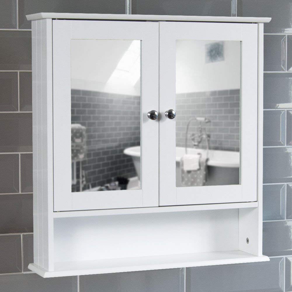 Bath Vida Bathroom Cabinet Mirrored Double Doors Wall Mounted Storage Furniture, White H 58 x W 56 x D 13 cm Approx.