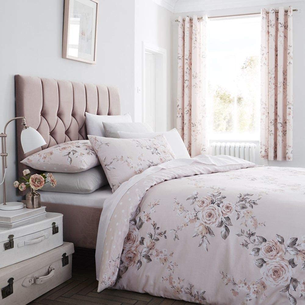 Catherine Lansfield Canterbury Floral Reversible Super King Duvet Cover Set with Pillowcases Blush Pink Super King Duvet Set