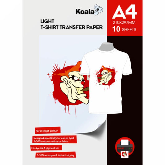 KOALA Premium Inkjet Iron On T Shirt Transfer Paper for White and Light Fabrics x 10 Sheets, A4. Vivid, Long-Lasting Images. Easy to Use A4, 10 Sheets