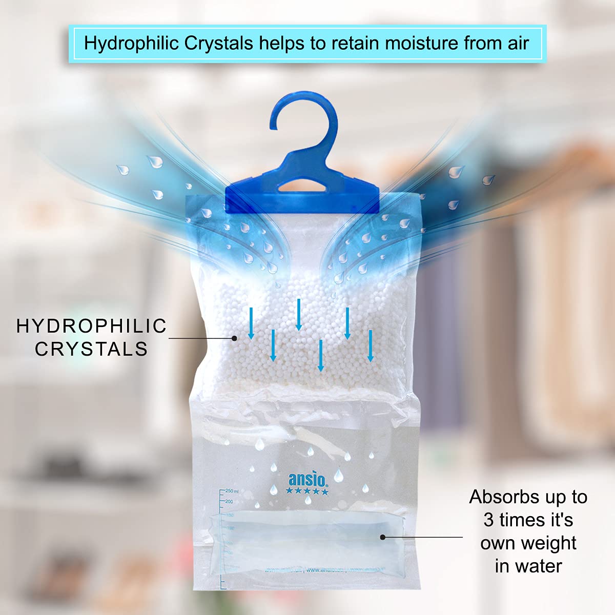 ANSIO Wardrobe Dehumidifier Hanging Bags Pack of 12 Moisture Absorbers, Trap, Condensation, Dehumidifiers for Damp, Mould, Bedroom, Caravan, Bathroom, Basement, Office – 210g Each Single