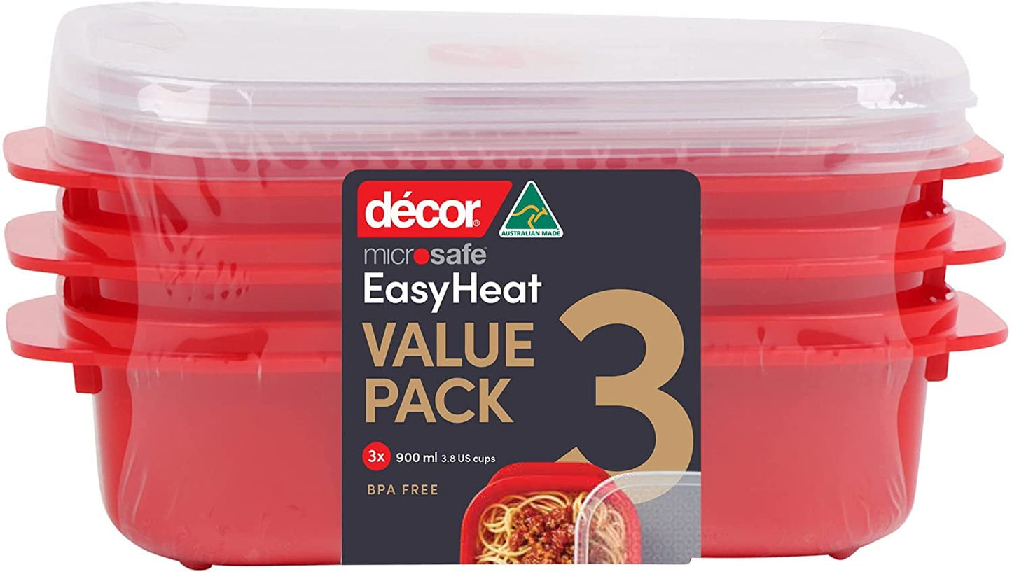 Décor Microwave Food Containers Set | 3 Pack - 3 x 900ml | Steam Release Vent | Dishwasher & Freezer Safe | Red 900ml 3 Pack Oblong