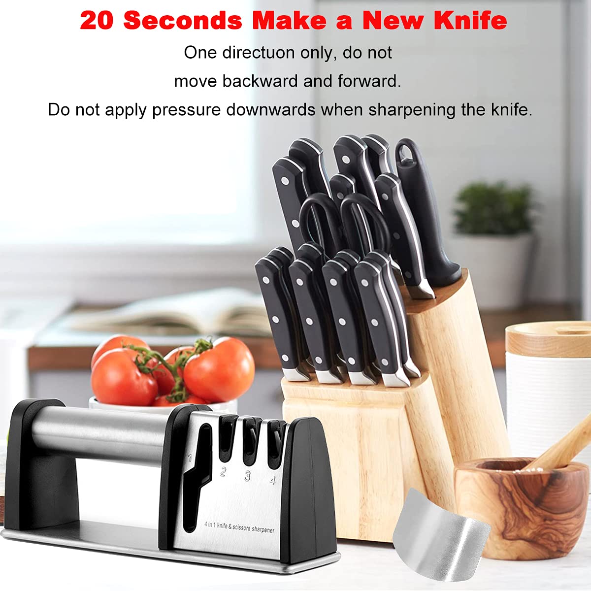 Knife Sharpener with 4 in 1 and Finger Protection Knife sharpeners Best Grinding Grooves are Made of Diamond Tungsten Steel and Ceramic Knives Sharpener Safe and Non-Slip. Black + Finger Guard