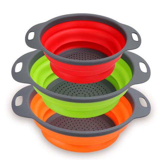 Collapsible Colander Set of 3 - Silicone Kitchen Strainers with Plastic Handles - 4 Quart & 2 Quart Sink Colander for Draining Pasta, Vegetables, Fruits (Green, Orange, Red) Orange+green+red 4qt(2pcs)+2qt(1pc)