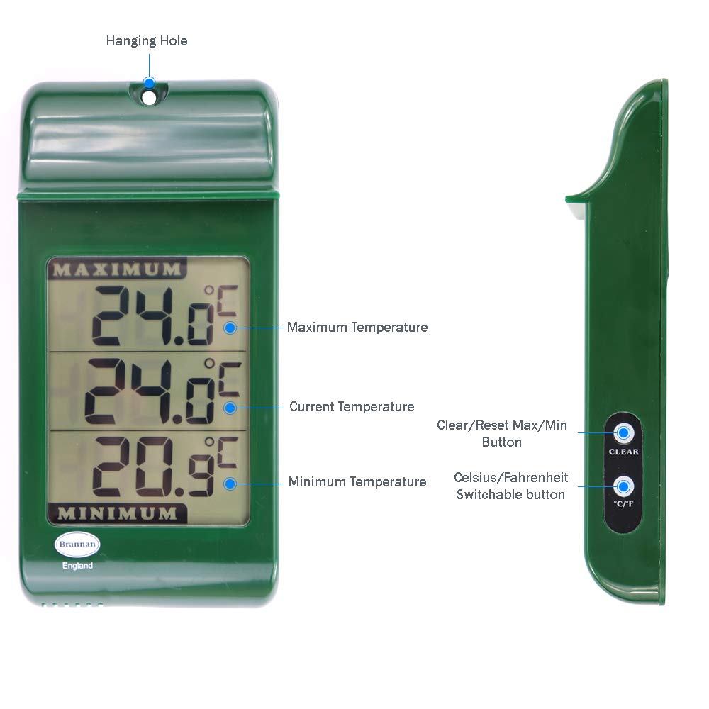 Digital Max Min Greenhouse Thermometer - Monitor Maximum and Minimum Temperatures For Use In The Garden Greenhouse or Home Indoor Outdoor Greenhouse Accessories Easily Wall Mounted