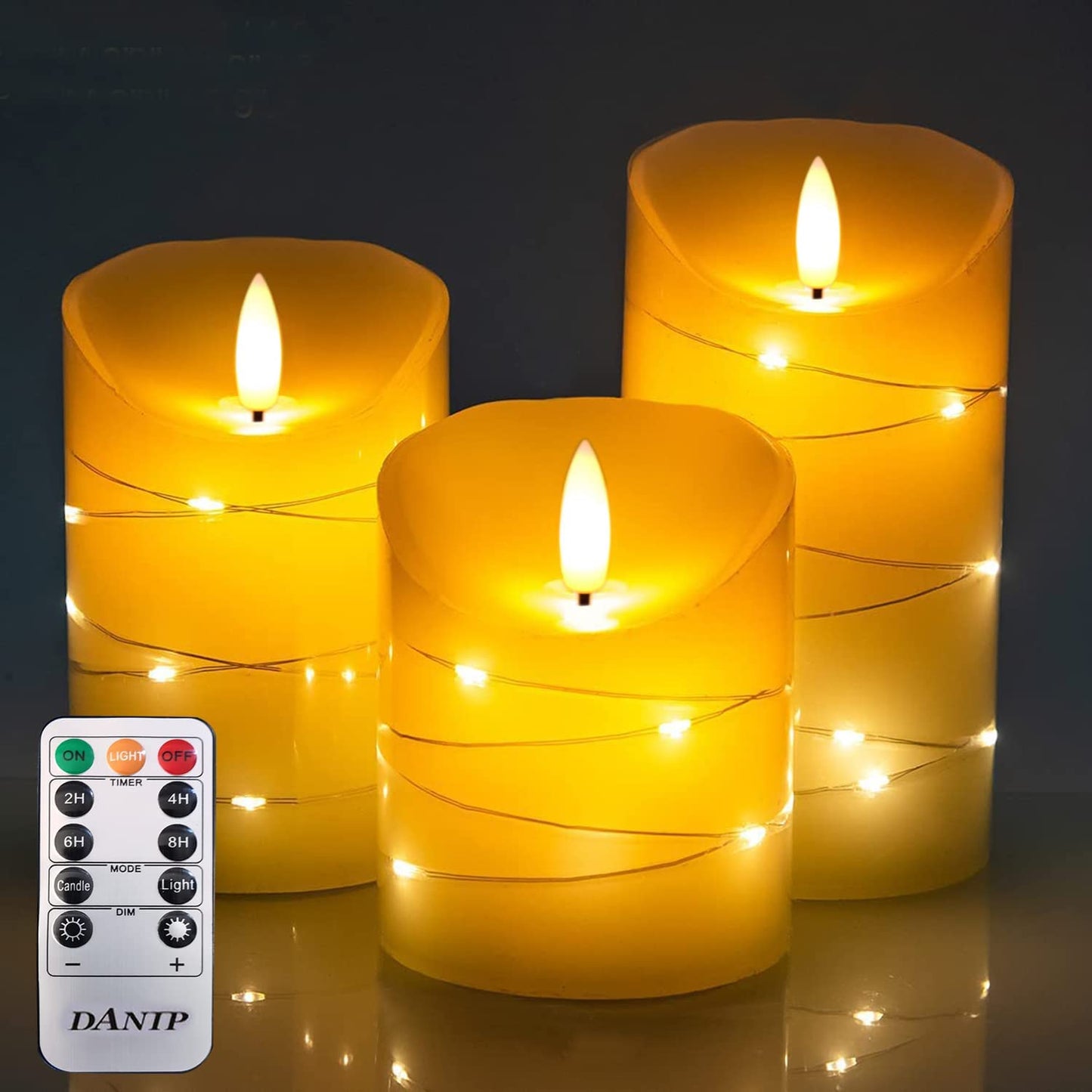 flameless Candle, with Embedded Fairy String Lights, 3-Piece LED Candle, with 10-Key Remote Control, 24-Hour Timer Function, Dancing Flame, Real Wax, Battery-Powered. (Ivory White) 3 X3String Lights