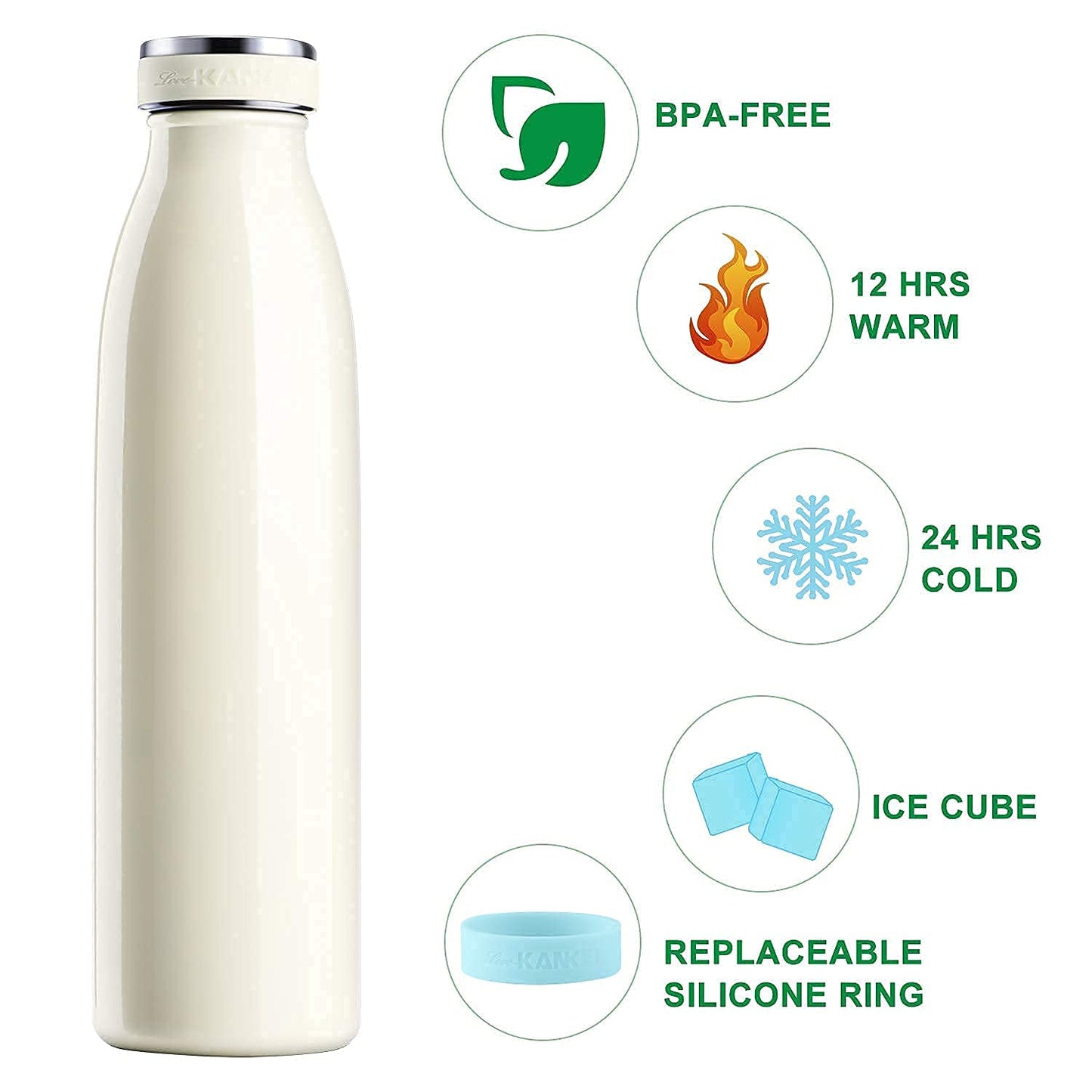 Love-KANKEI Water Bottle Vacuum Insulated Bottle 500ml/24hrs Cold - Stainless Steel Double Walled and BPA Free - 12hrs Hot Drinks Water Coffee Milk White Thermal Flask Travel Flask Ivory