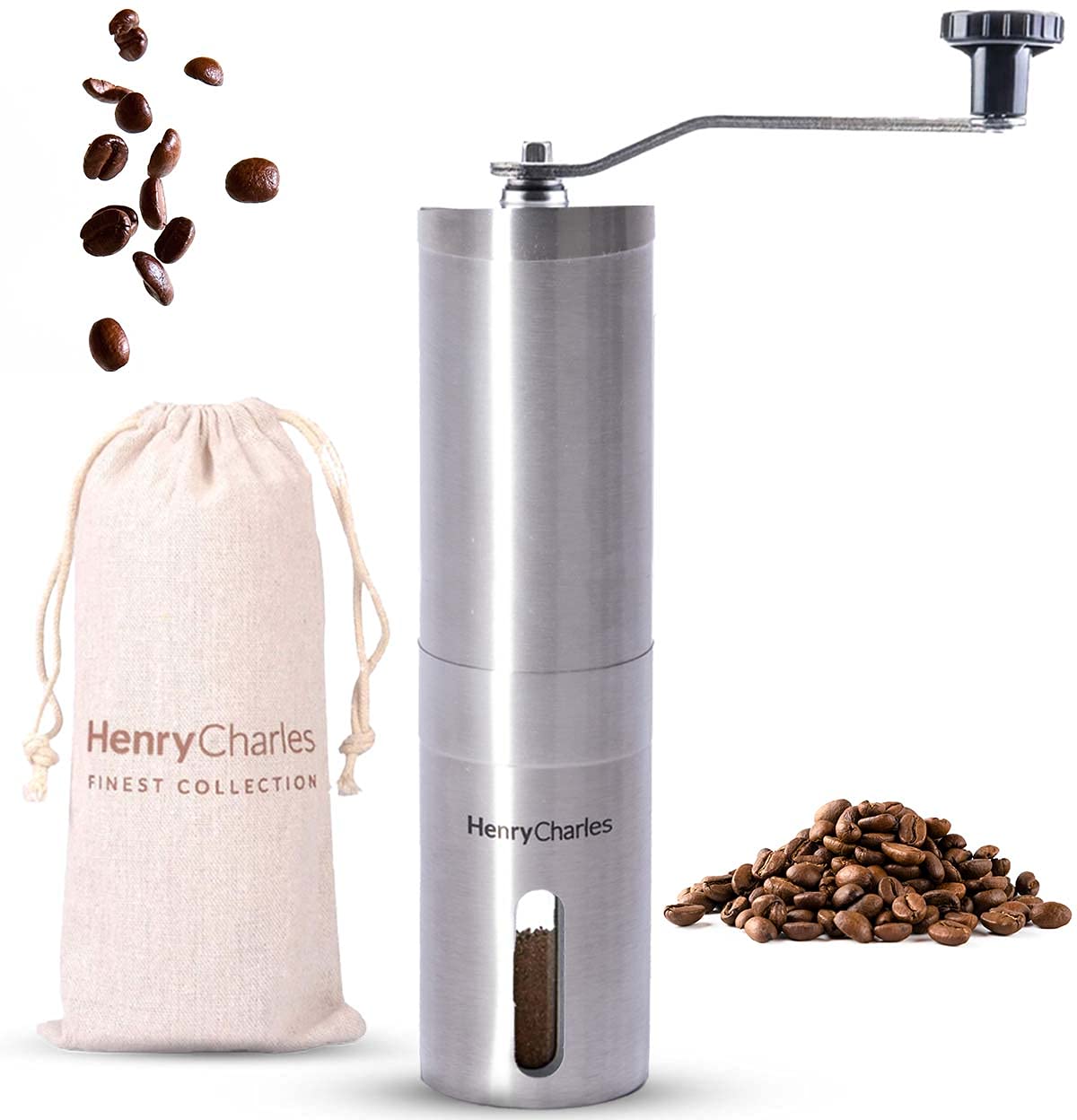 Henry Charles Manual Coffee Grinder with Adjustable Bean Grind Size & Travel Bag - Coffee Grinder with Hand Crank Mill - Ideal for Fresh Espresso at Home, in The Office or for Travelling