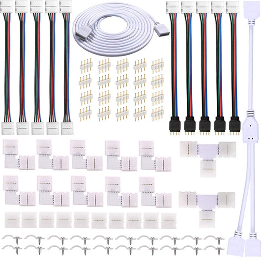 FSJEE 10mm 4pin 5050 RGB LED Strip Solderless Connector Kit- Includes 6.6FT Extension Cable,2 Way Splitter,L and T Shape connectors