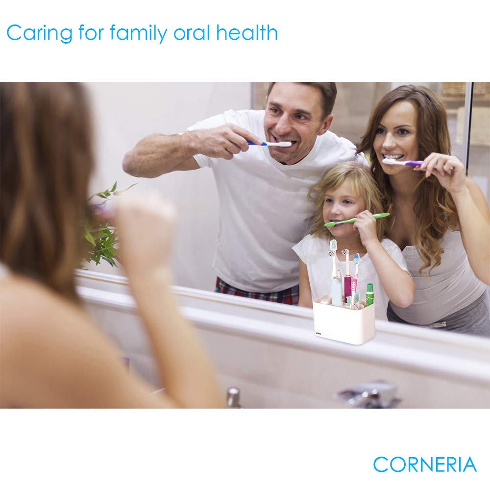 CORNERIA Toothbrush Holder - Bathroom Wall Mounted Toothbrush Caddy - Toothpaste Stand (4 Toothbrush slots + 6 Electric toothbrush heads) (White) White