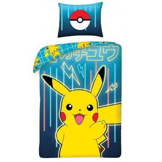 Halantex Bed Linen Set Pokemon Picachu Yellow Blue, 2 Pieces Set. 140x200 cm + 1 Pillowcase. 100% Cotton Oeko-Tex Single Bed Multicoloured