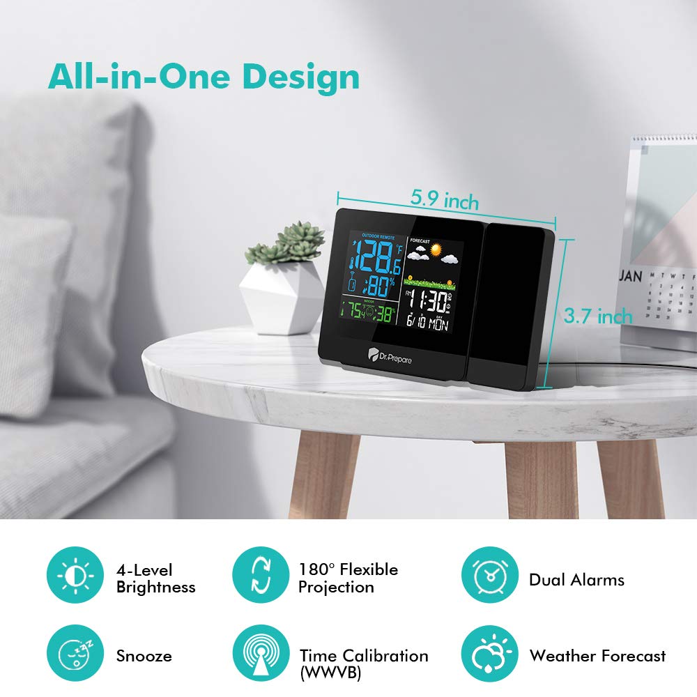 DR.PREPARE Projection Alarm Clock, Digital Projector Clock on Ceiling with Temperature Humidity Display, Weather Station with Outdoor Wireless Sensor, MSF, Weather Forecast, Snooze version 1.0