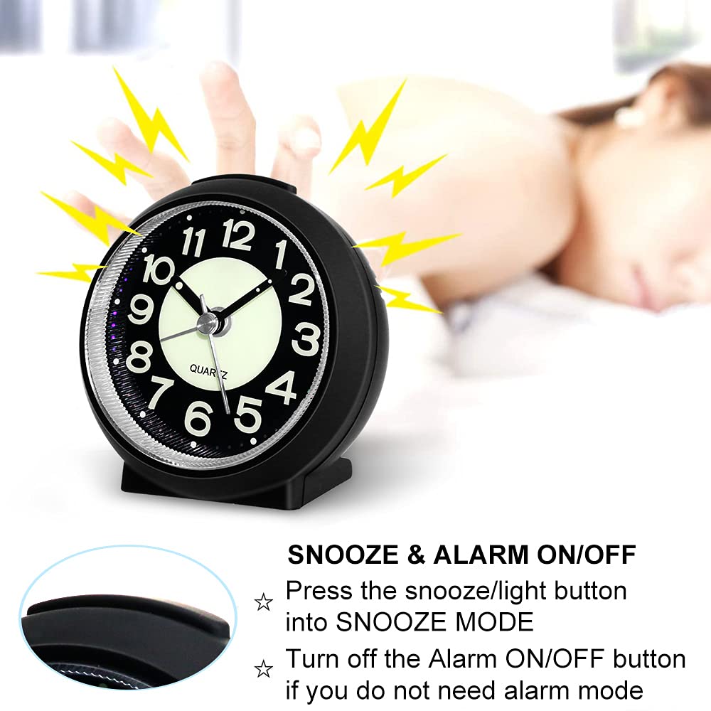 Jcobay Analogue Alarm Clock Simple Alarm Clocks Bedside Non Ticking Battery Powered Luminous Silent Clock with Snooze Light Glow in the Dark Table Clocks for Bedrooms Heavy Sleepers Desk Office Travel Black