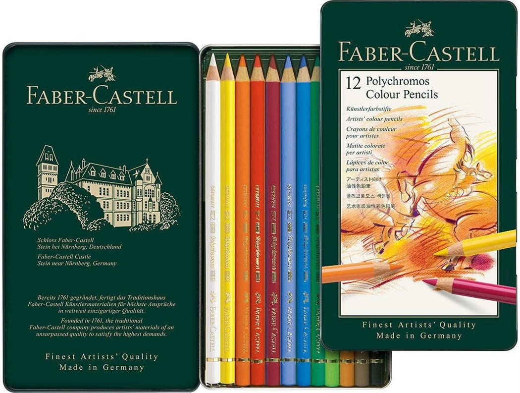 Faber-Castell Tin Of 12 Polychromos Blendable, Lightfast Drawing And Colouring Pencils For Artists, Beginners, Professionals, Students, Crafts, Colouring Books, Artwork, Soft Waterproof Oil Chalk Lead Colour Pencils