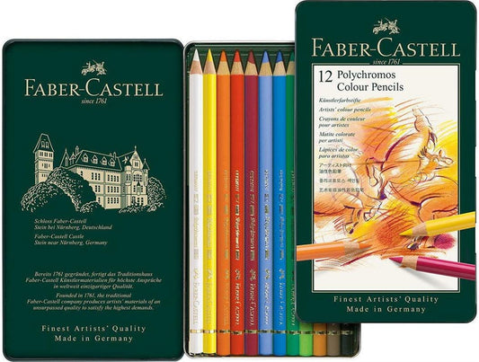 Faber-Castell Tin Of 12 Polychromos Blendable, Lightfast Drawing And Colouring Pencils For Artists, Beginners, Professionals, Students, Crafts, Colouring Books, Artwork, Soft Waterproof Oil Chalk Lead Colour Pencils