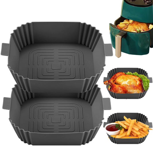 Air Fryer Liners-Square Silicone Air Fryer Liner Reusable,2pcs Air Fryer Silicone Liners Accessories Reusable Airfryer Liner Non-Stick Baking Paper Pot Air Fryers Basket Tray Baking Pan Replacement Grey+grey