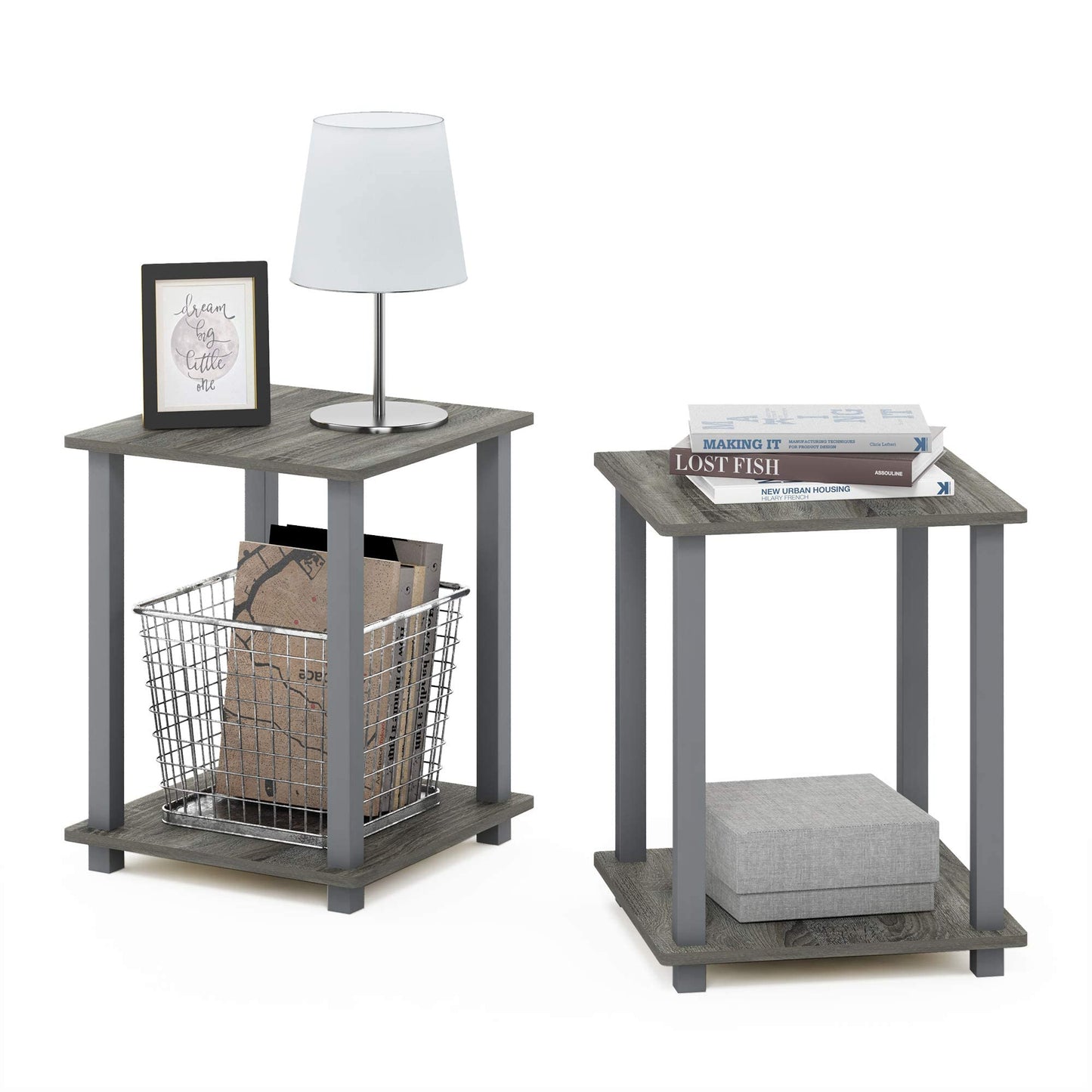 Furinno Simplistic 2-Pack End Table, Side Table, French Oak Grey/Grey, 39.6 x 39.6 cm (2-Pack) French Oak/Grey