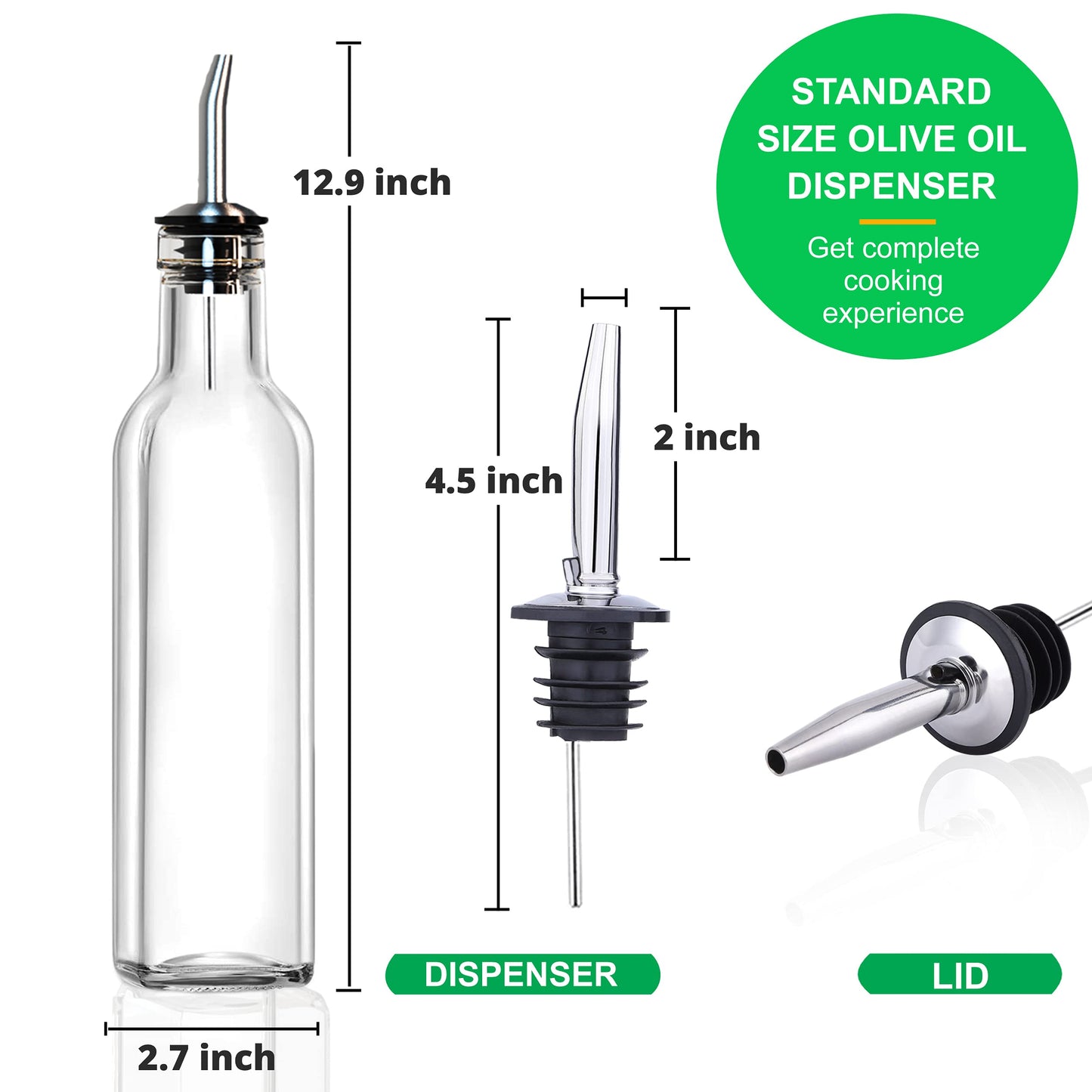 Glass Olive oil dispenser 500 ml, with 1 Funnel For Easy Refill, 2 Stainless Steel Pourer, Clear Borosilicate Oil Bottle for Kitchen, Cooking Oil Container