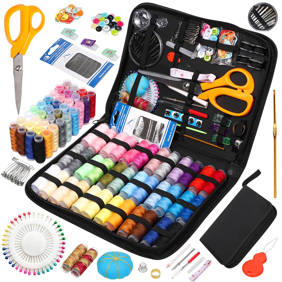 JUNING Sewing Kit with Case, Sewing Supplies for Home Travel and Emergency, Kids Machine, Contains Spools of Thread, Mending and Sewing Needles, Scissors, Thimble, Tape Measure C-Large