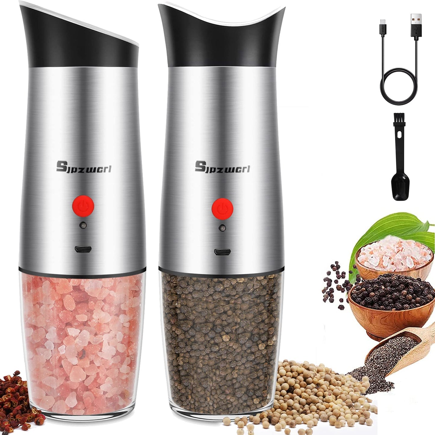 Electric Salt and Pepper Grinder Set: - USB Rechargeable Gravity Sensor Electric Pepper Mill Set - Automatic Pepper Grinder Refillable with Adjustable Coarseness, One Hand Operation(2 Pcs) Silver*2