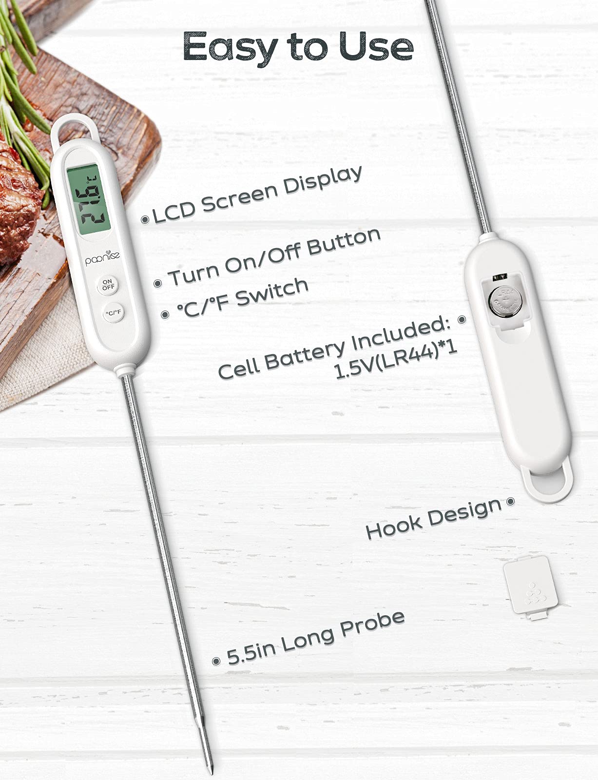 Instant Read Meat Thermometers for Cooking, LCD Display Digital Food Thermometer with 5.5in Long Probe, Cooking Thermometer with Auto Shutdown for Kitchen, Baking, Frying, Grilling, BBQ White