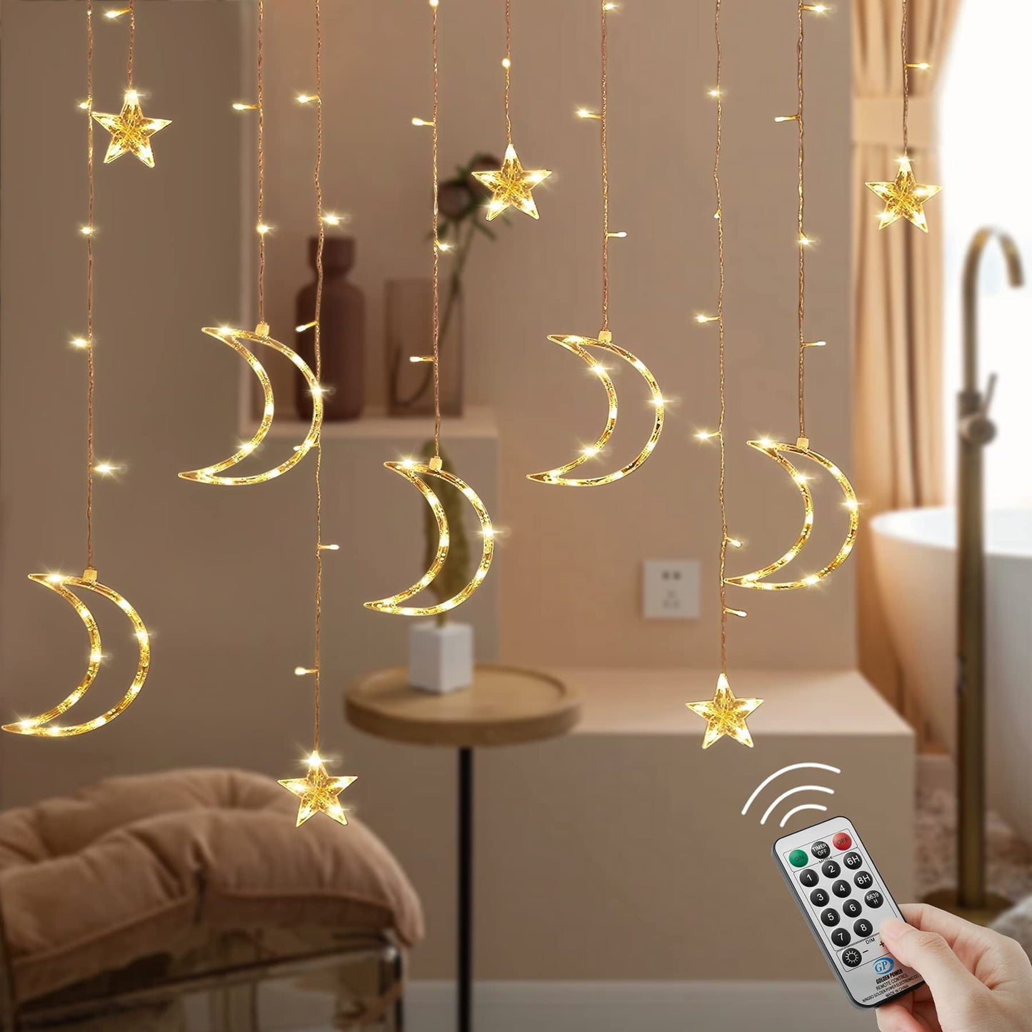 Garlocht Curtain Lights Plug in, 138LED Fairy Lights with 8 Modes, Star and Moon Curtain String Lights, Fairy Lights for Windows, Bedroom, Party, Outdoor/Indoor, Christmas Decorations (Warm White) Plug In-warm White