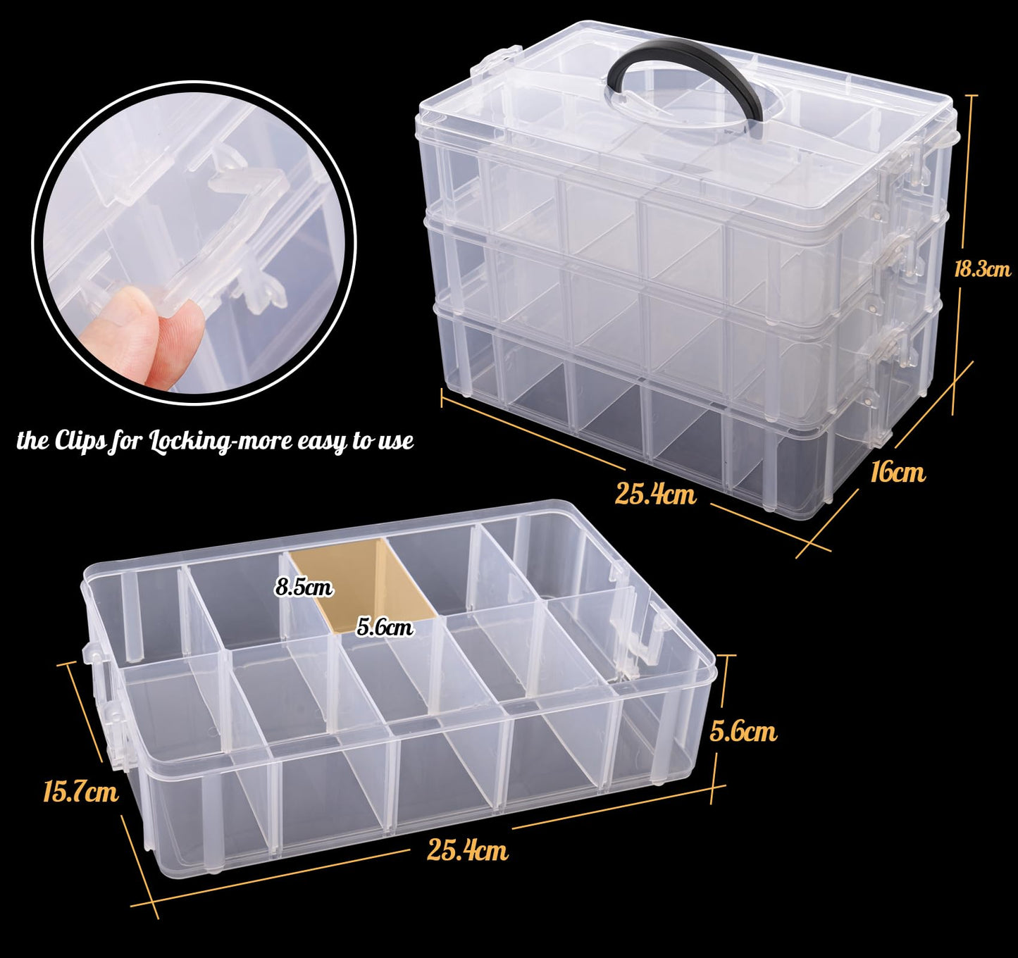 Anstore Storage Box with Compartments, Reinforced 3-Tier Clear Plastic Craft Storage Box with Lids, Practical Sorting Box for Crafts, Jewelry, Toy building blocks(Medium) Upgraded Medium