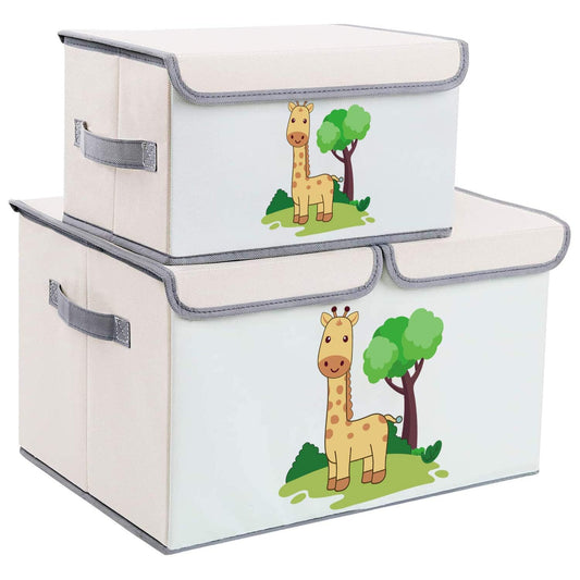 DIMJ 2 Pack Toy Boxes with Lid, Large Kids Storage Box with Lid, Cartoon Fabric Toy Organiser, Foldable Storage Bins with Handles for Kids, Clothes, Toys, Books, Shelves, Nursery, Home (Beige 2) Giraffe