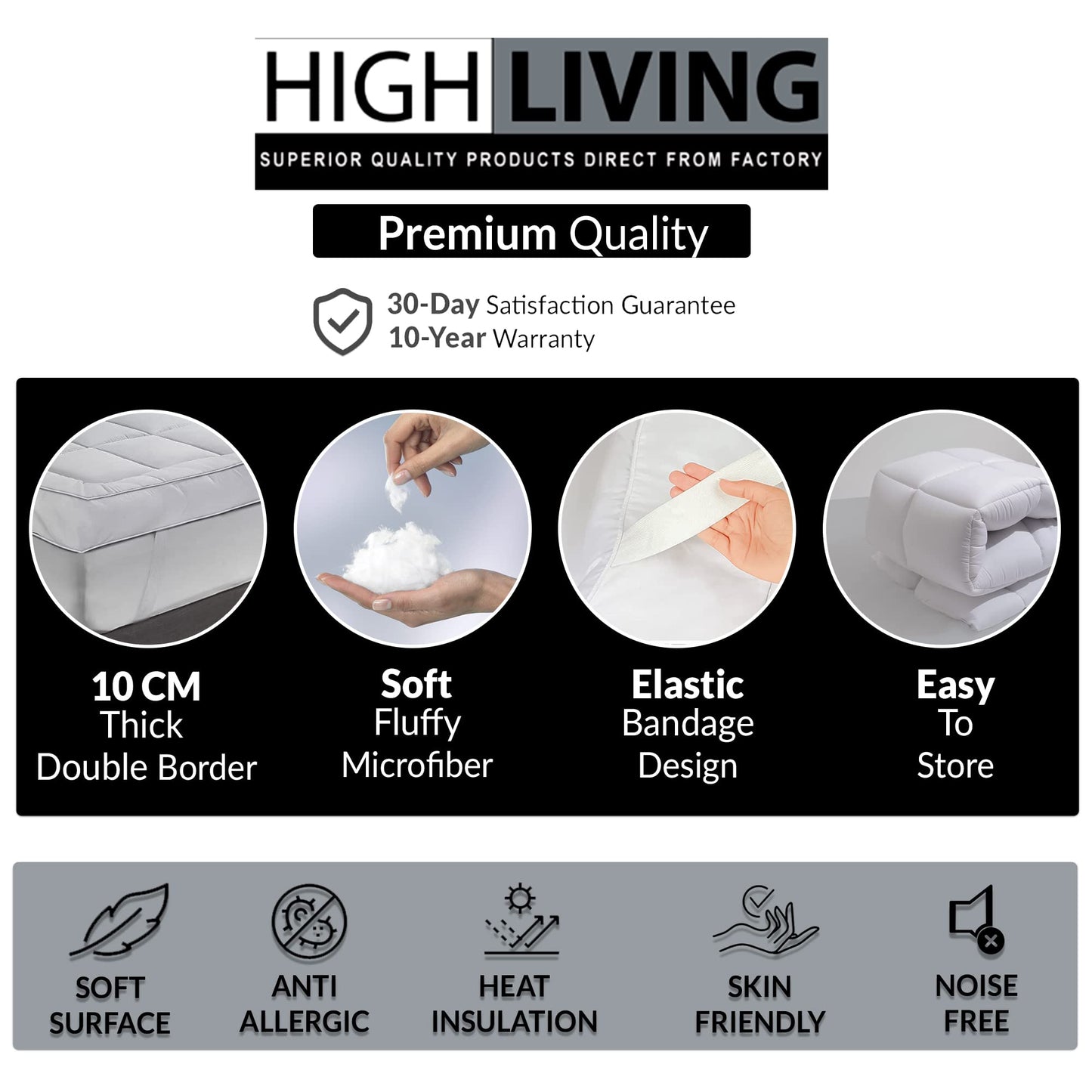 HIGH LIVING Microfibre Mattress Topper 4 Inch/10cm Heavy Fill Single Double King Super King Box Stitched and Elasticated Corner Straps (Single) White