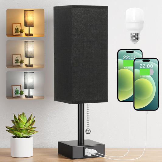 Aooshine Bedside Lamp, Table Lamp for Bedroom, Lamp with USB C+A Charging Ports, Small Bedroom Lamp with 3-Color Modes with Pull Chain, Bedroom Lamp with Black Fabric Shade(LED Bulb Included) D-black