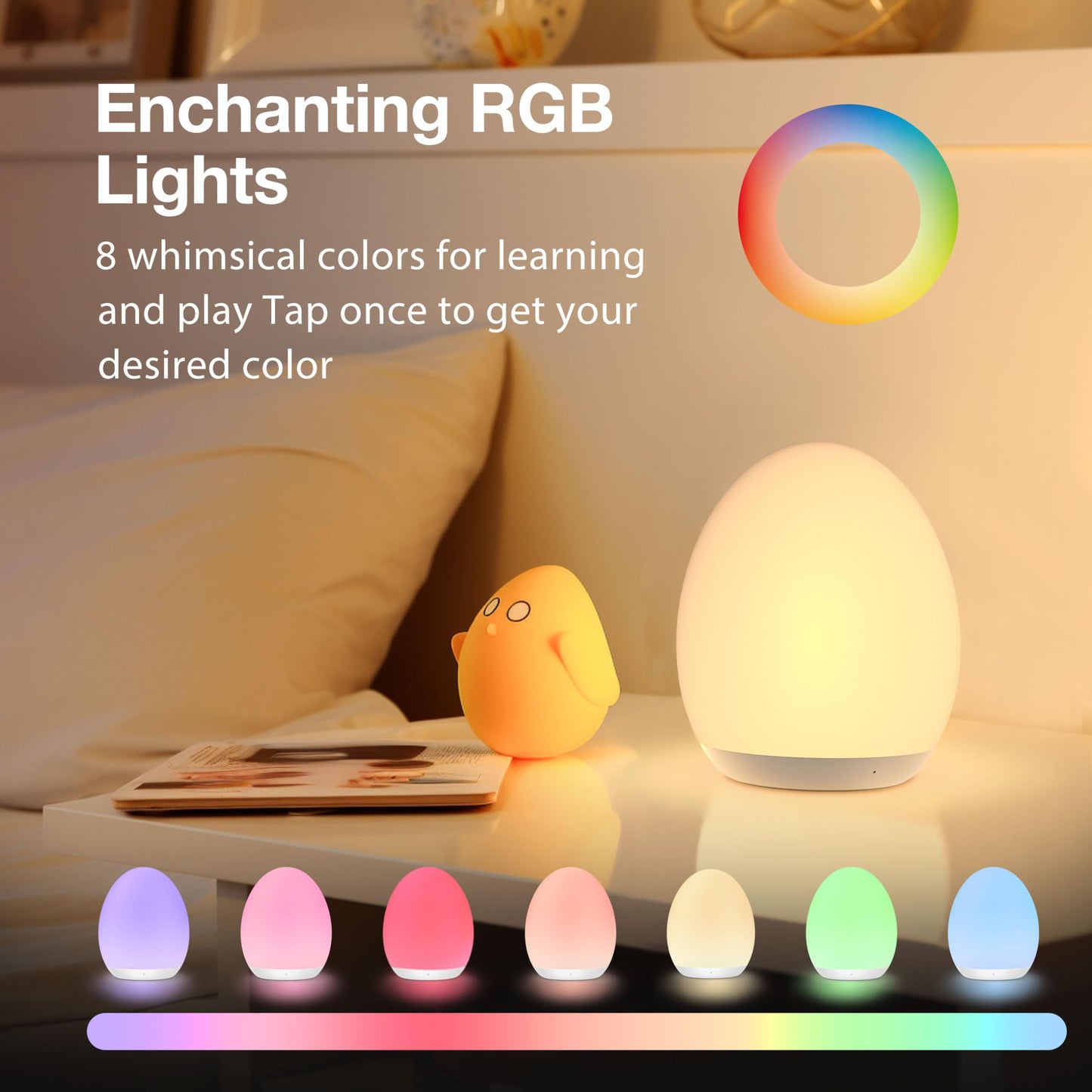 JolyWell Night Light for Kids, Baby Night Light with 7 Colors Changing Mode & Stepless Dimming, Nursery Night Light BPA Free,Rechargeable Egg Night Light for Breastfeeding 1h Timer Red