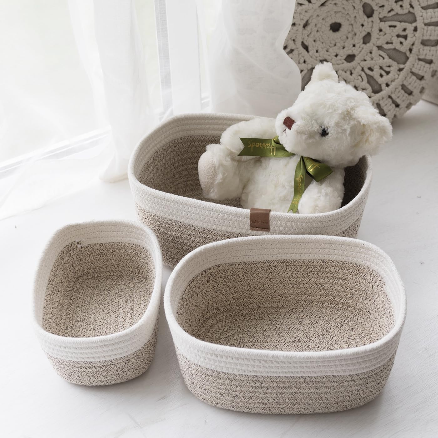 LA JOLIE MUSE Storage Baskets, Cotton Rope Woven Bathroom Storage Basket Set of 3, Small Basket Box Organizer Bins With Handles White&desert Pack 3