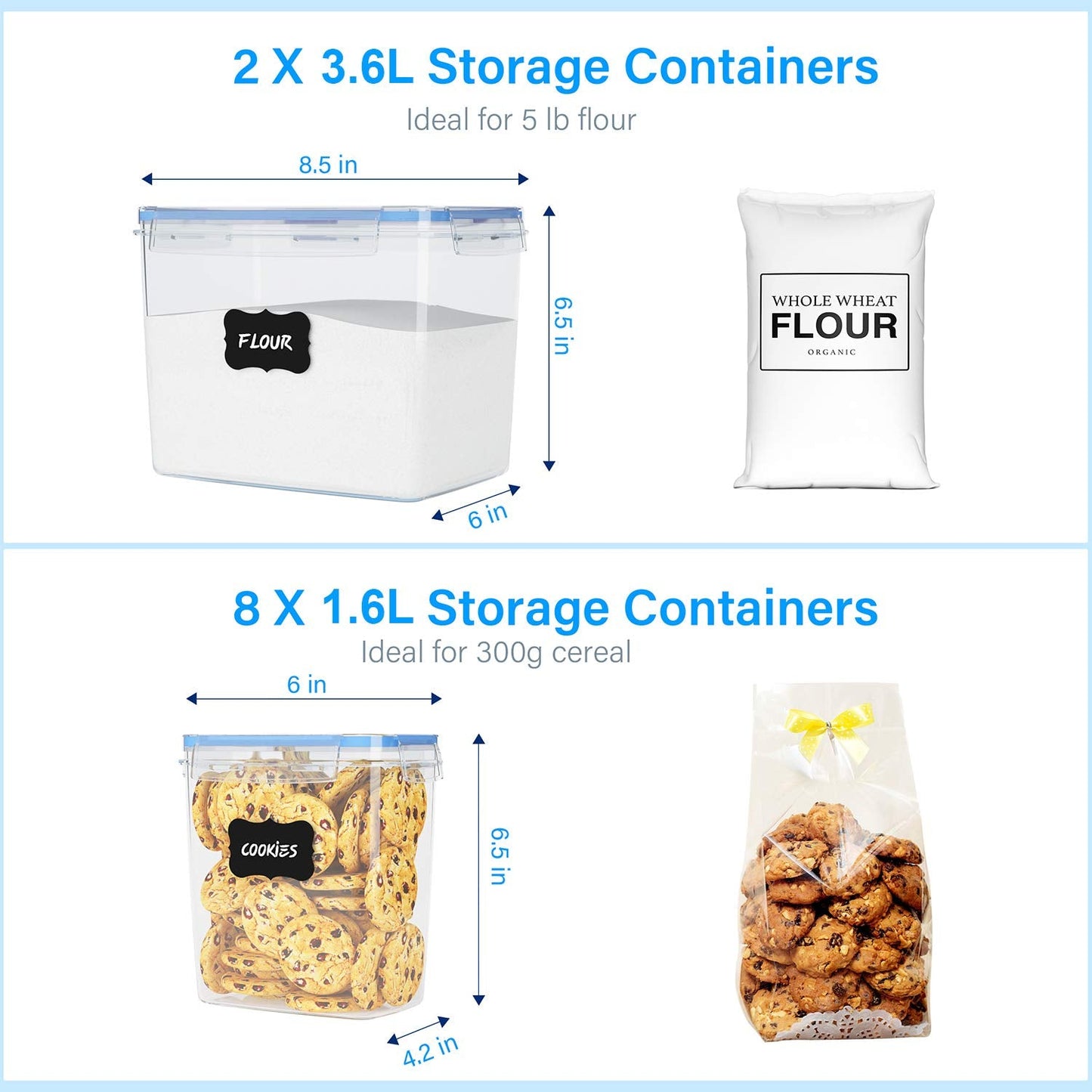 10 Pack Airtight Food Storage Container Set - Kitchen Pantry Organization Containers, Plastic Canister for Flour, Sugar and Baking Supplies, with Labels and Measuring Spoons 3.6L X 2 + 1.6L X8