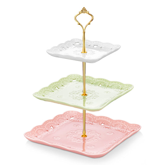 MALACASA, Series Sweet.Time, 14.5" Tall 3 Tier Cake Stand (6" & 8.25" & 10") Square Ceramic Dessert Cake Tower Stand, Porcelain Party Food Server Display Holder with Golden Carry Handle, Colorful