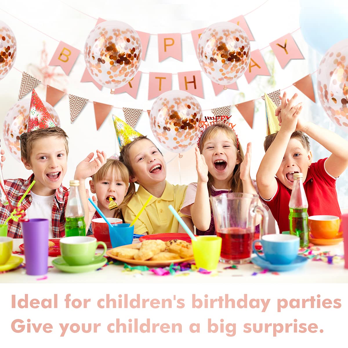 Happy birthday bunting banner balloons – 14 pieces happy birthday decoration pack include a set of rose gold birthday bunting birthday banner 2 ribbons and 10 confetti latex balloons Pink