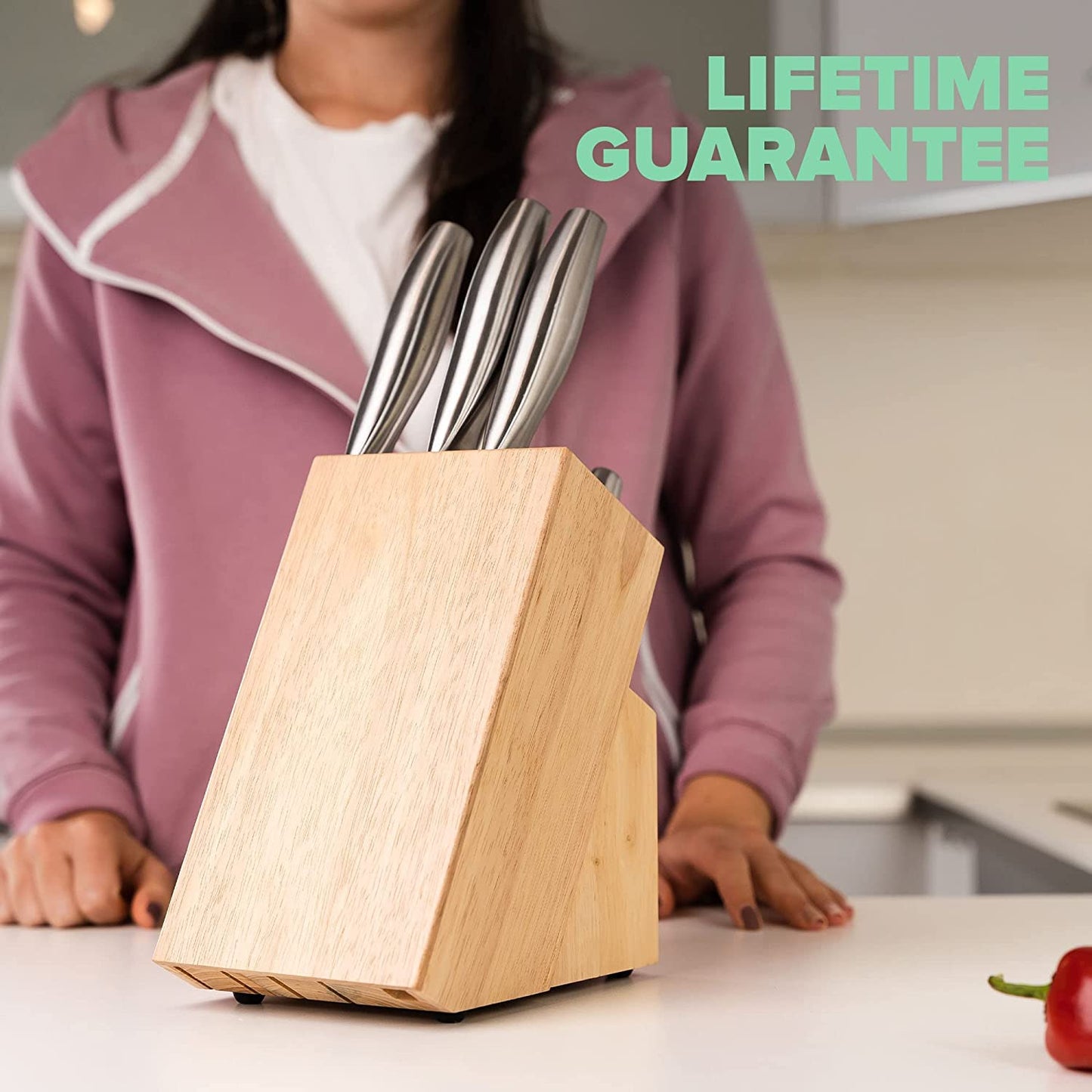 Coninx Knife Block RubberWood - Safe & Easy Universal Knife Block Solution - Convenient and Secure Knife Support Without Knives to Save Space and Find Your Knives Easily – Universal Knife Holder Malaysian Oak