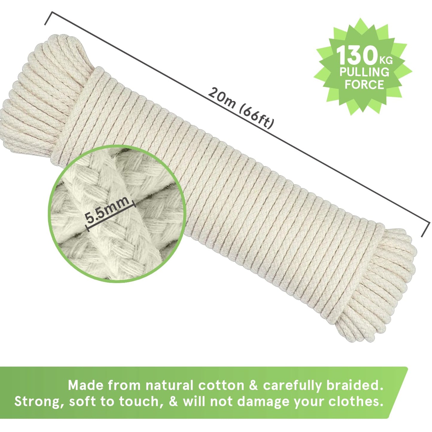 “The Strongest” Natural Cotton Clothesline Pulley by Smith’s® | 20m/66ft X 5.5mm | Soft Braided 130kgs Pulling Force Rope | Snag & Tear Resistant | 1 Year Guarantee! 20m (66ft)