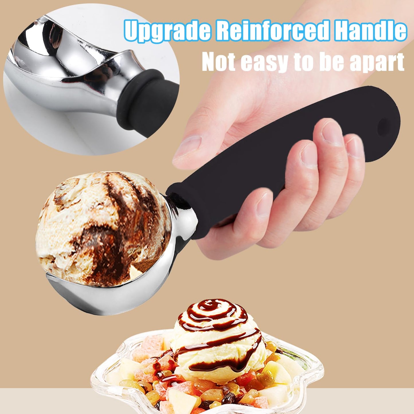 KXF Stainless Steel Ice Cream Scoop with Non-Slip Rubber Grip Heavy Duty Ice Cream Spoon Sturdy Icecream Scooper Cookie Fruit Scoop for Cookie Dough, Mash Potatoes, Melon Balls, Dishwasher Safe(Black) Black