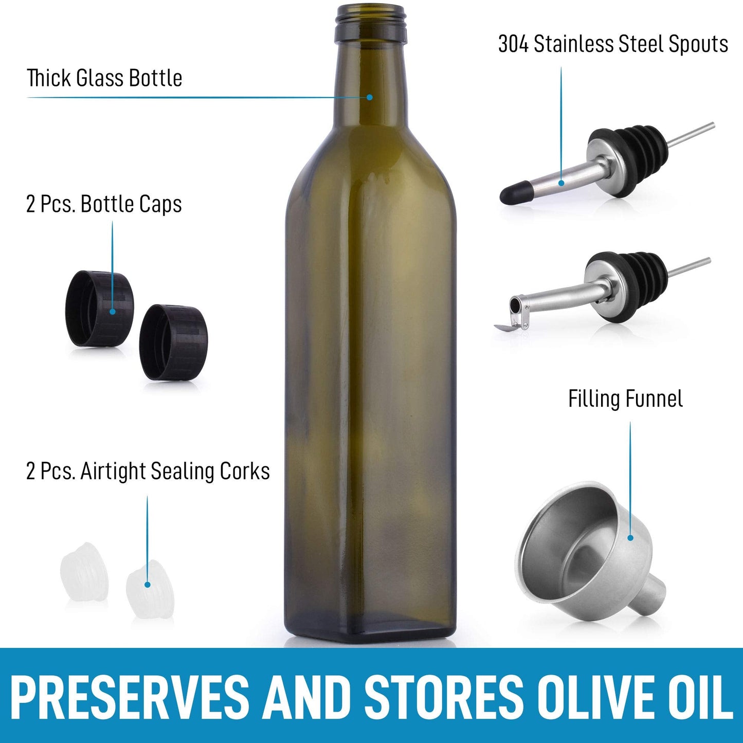 Zulay Olive Oil Dispenser Bottle For Kitchen - Glass Olive Oil Bottle With 2 Spouts, 2 Removable Corks, 2 Caps, & 1 Funnel - Oil Bottle For Kitchen & Storing Liquids Dark Brown 1 Pack