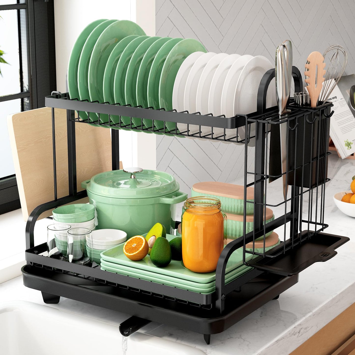 Kitsure 2 Tier Dish Drainer, Multifunctional Dish Drying Rack, Rustproof Kitchen Dish Drying Rack with Drainboard & Utensil Holder, Space-Saving Dish Rack with a Large Capacity for Kitchen Counter