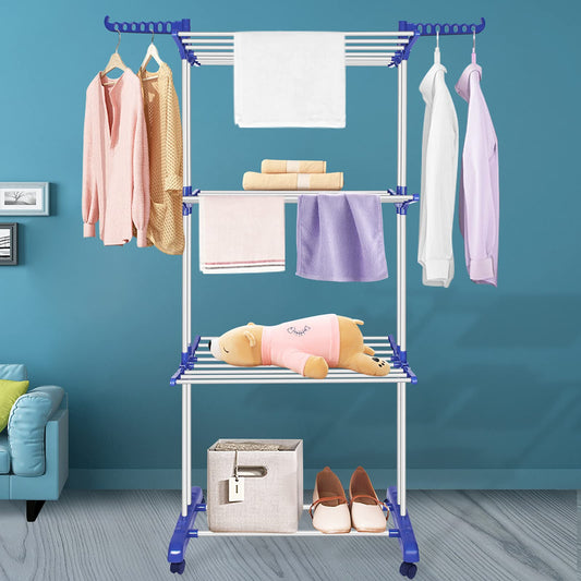 Innotic Clothes Drying Rack Folding Clothes Rail 4 Tier Clothes Horses Rack Stainless Steel Laundry Garment Dryer Stand with Two Side Wings, Blue + Grey 4 Tier Blue + Grey