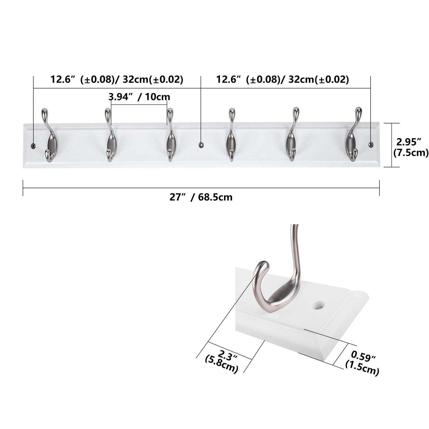 DOKEHOM 6-Satin Nickel Hooks on White Wooden Board Wall Mounted Coat Hook Rack Hanger 6-hooks